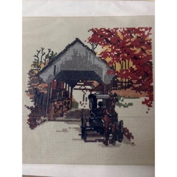 Vintage Puckerbrush Inc. New England Covered Bridge Cross Stitch Kit - Picture 3 of 5
